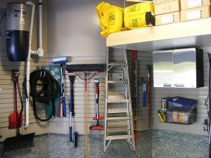 1.5 car garage, etobicoke - overhead platform storage, garage cabinets, slatwall organization system, camlock camlok hooks, polyaspartic floor, cement block coating - after