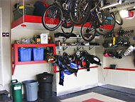 2 car garage, stouffville, rear right, custom finish overhead garage platform, overhead pulley bicycle storage, sports rack, garbage recycle bin