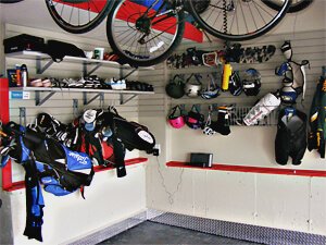 2 car garage, stouffville, right rear, garage slatwall organization system, shelves, camlock hooks, overhead bicycle rack, sports equipment storage