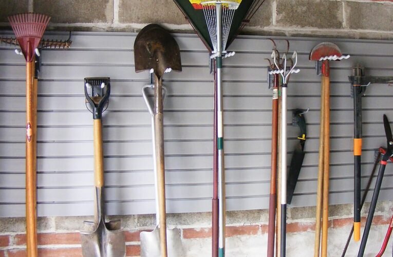 slatwall - wall organizers, grey, hooks, garden tools