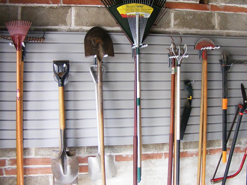 slatwall - wall organizers, grey, hooks, garden tools