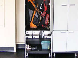 3 car garage, aurora - golf locker, garage cabinets lockable, overhead storage, electrical panel