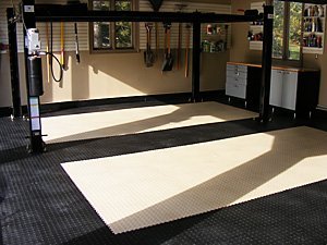 lovie - 3 car garage, Aurora - pvc tile floors, 4 post hydraulic car lift, workstation, wall organization system, hooks, shelves