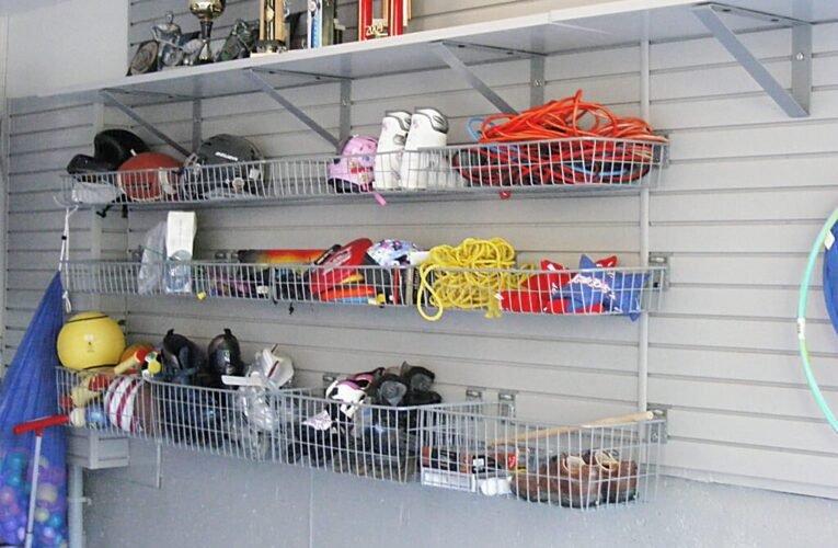 slatwall organization system, wire baskets, shelves, open garage storage