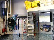 1.5 car garage, etobicoke - overhead platform storage, garage cabinets, slatwall organization system, camlock camlok hooks, polyaspartic floor, cement block coating - before
