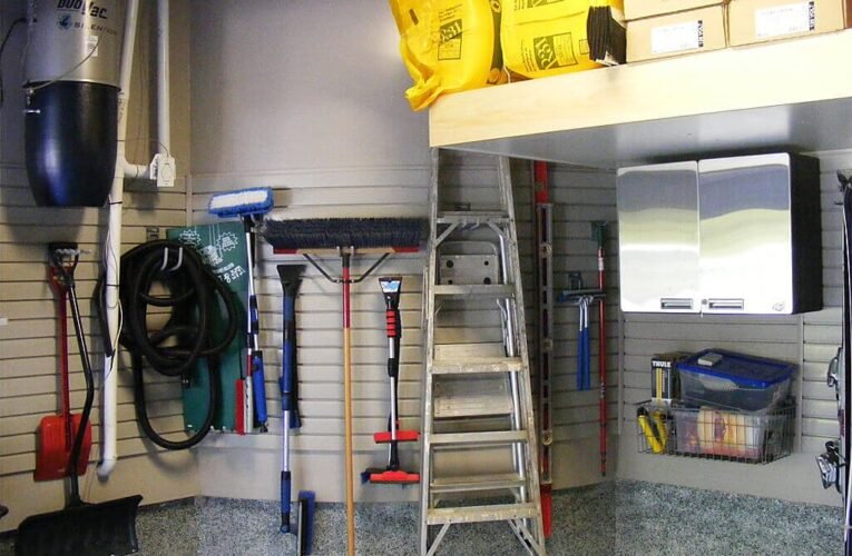 1.5 car garage, etobicoke - overhead platform storage, garage cabinets, slatwall organization system, camlock camlok hooks, polyaspartic floor, cement block coating - after