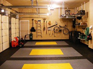 4 car garage, greater toronto area - garage floor tiles, slatwall organizer, hooks, shelves, overhead storage, bike rack