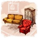 retro room interior with old style sketch furniture vector illustration