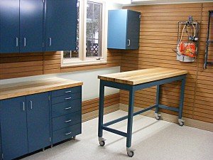 garage cabinets - rolling workbench, chopping block workstation, slatwall wall organizers, garage window