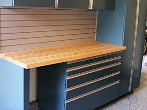 garage cabinets, workbench / standard chopping block workstation, slatwall wall organizers